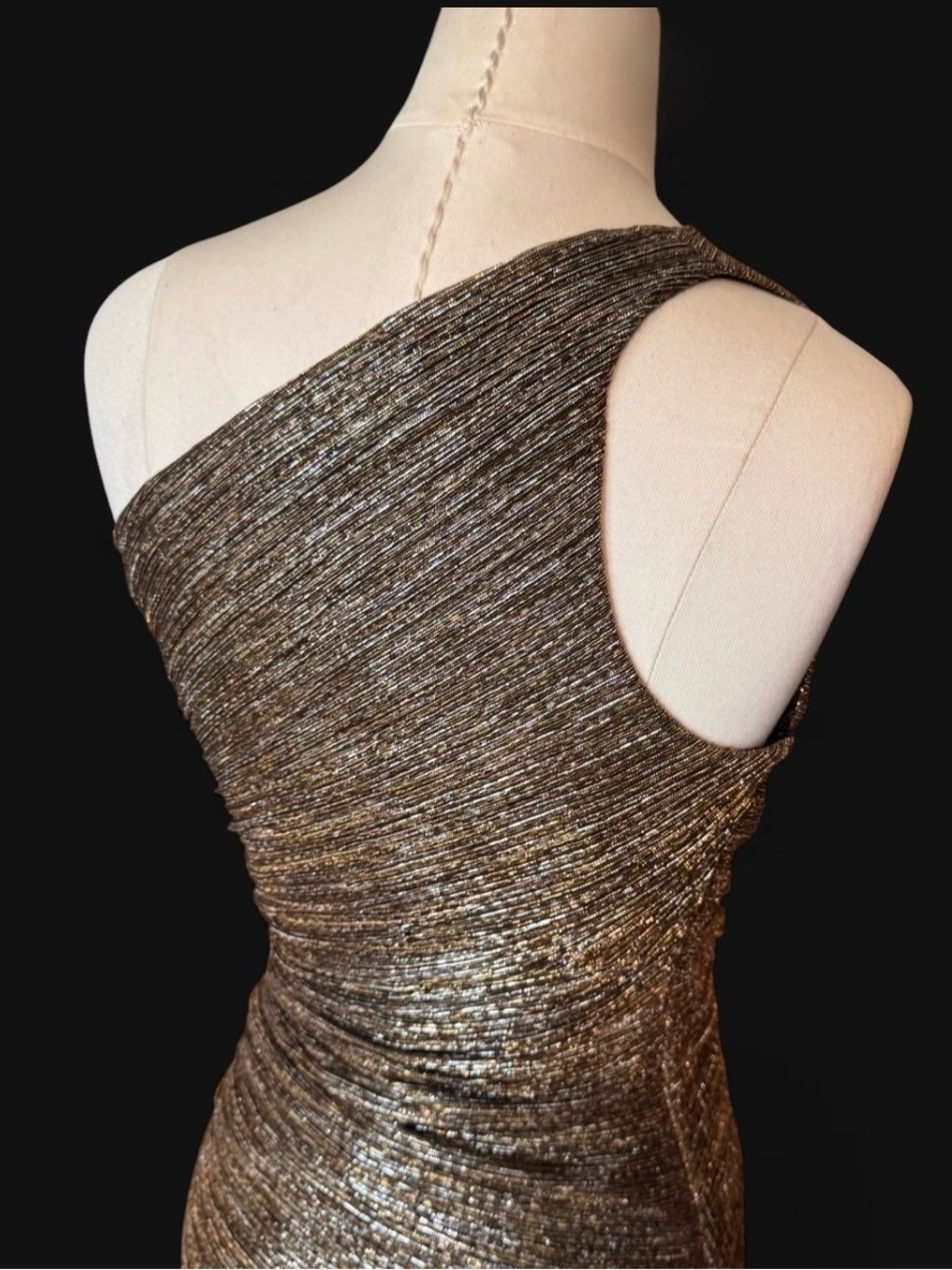 Laundry By Shelli Segal One-Shoulder Shimmery Bronze Gown fully lined with slit - Picture 3 of 12